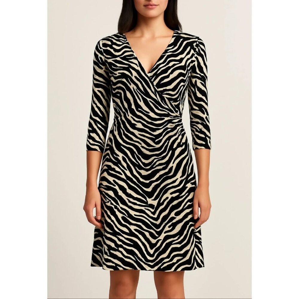 Laundry by Shelli Segal Chic Black & Cream Zebra Pattern 3/4 Sleeve Dress Sz 10